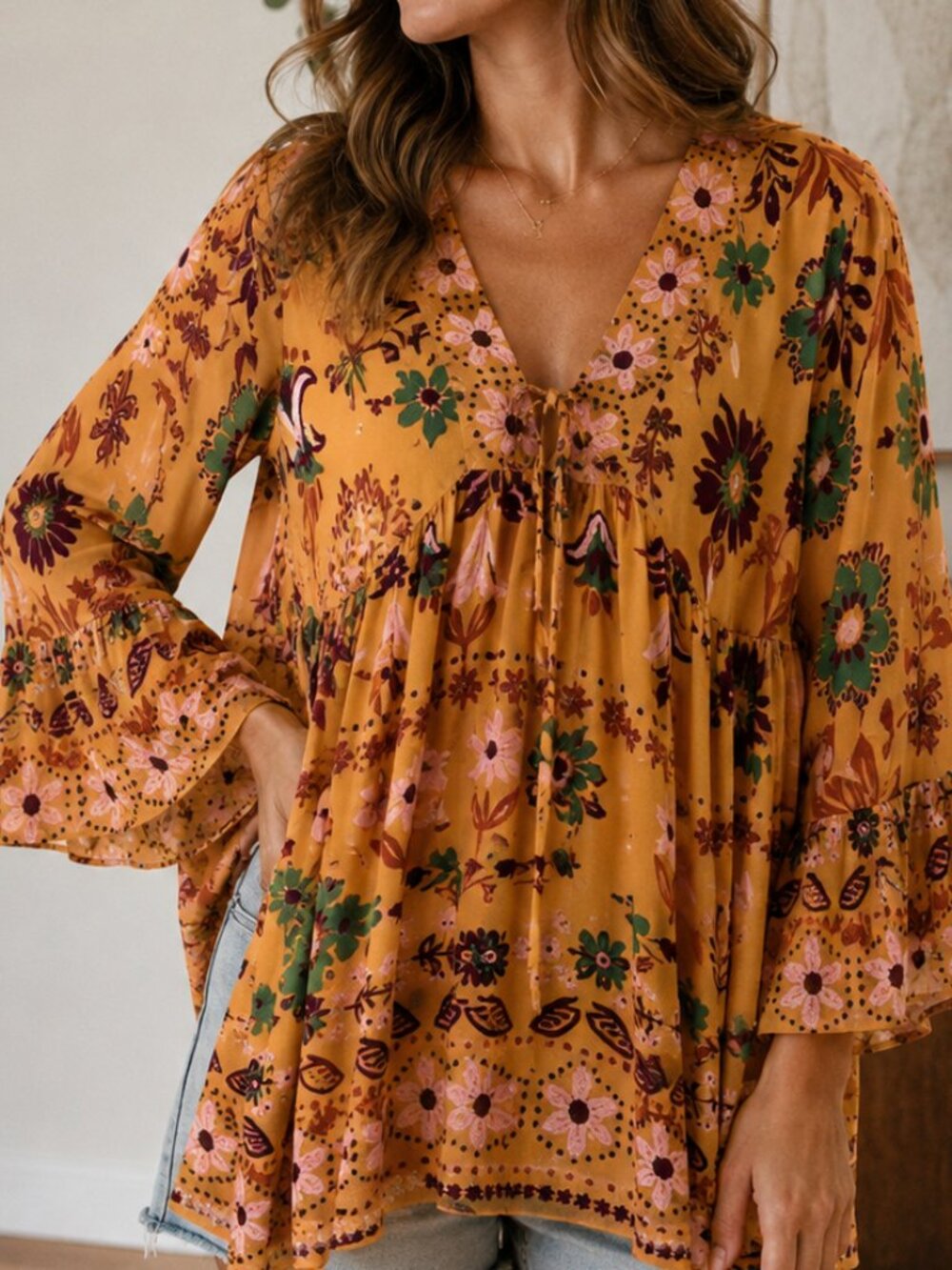 Easel Los Angeles Mustard Floral Boho Tunic Top Bell Sleeve Babydoll Small